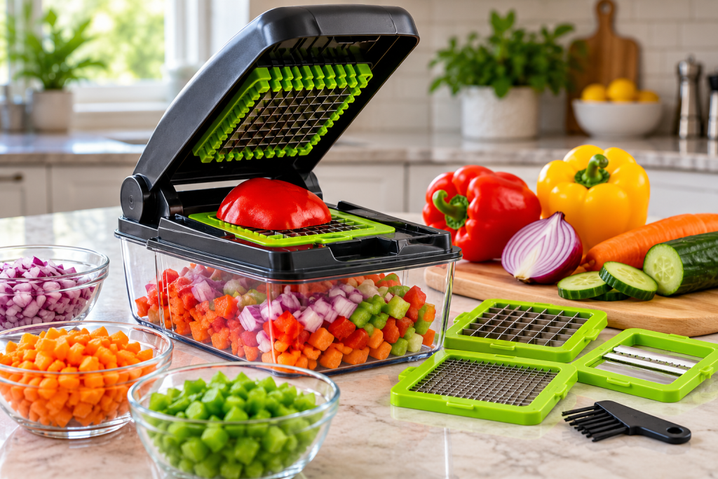 Manual vegetable chopper with colorful diced vegetables on a kitchen countertop 